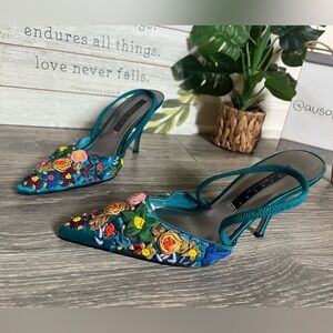 Vintage Laundry by Shelli Segal Floral Slingback Pointed Toe Teal Satin Heel 6